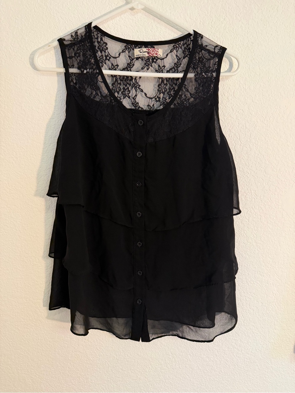 Romy Black Lace Yoke Tiered Button-Front Sleeveless Blouse